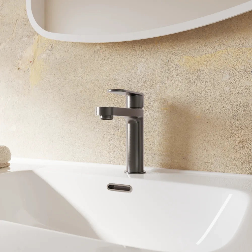 Coppia miscelatori lavabo 16cm e bidet gun metal spazzolato senza scarico | Margot