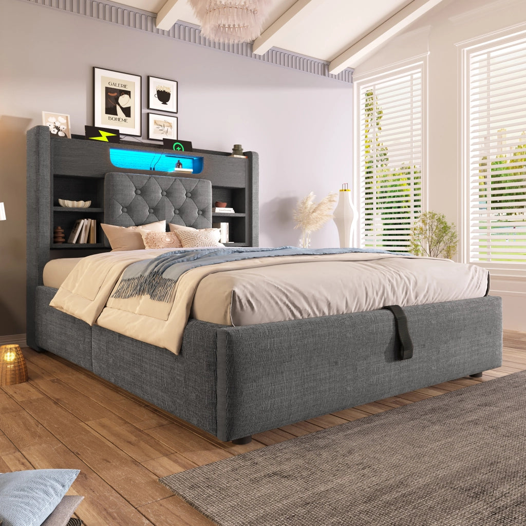Letto contenitore 90 × 200 cm con LED; porte USB e USB-C; testiera imbottita con ripiani; lino grigio