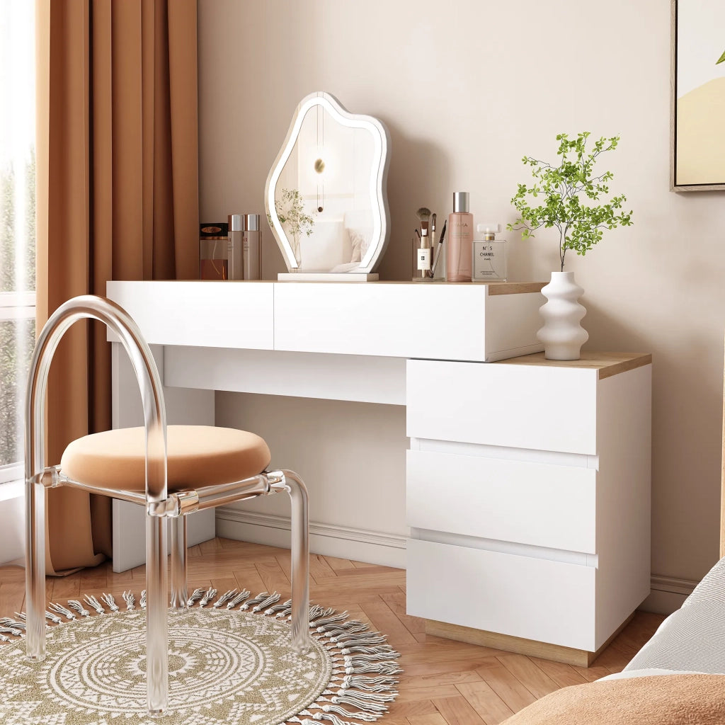 Scrivania con 5 cassetti, tavolo da trucco, funzione contenitore, per camera da letto, truciolato E1, bianco+quercia