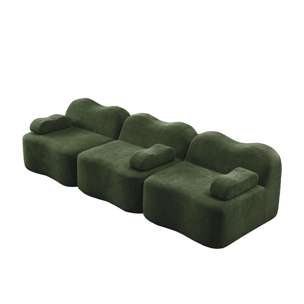 Divano angolare modulare senza struttura interna in velluto verde con seduta profonda e pouf collegabile ondulato