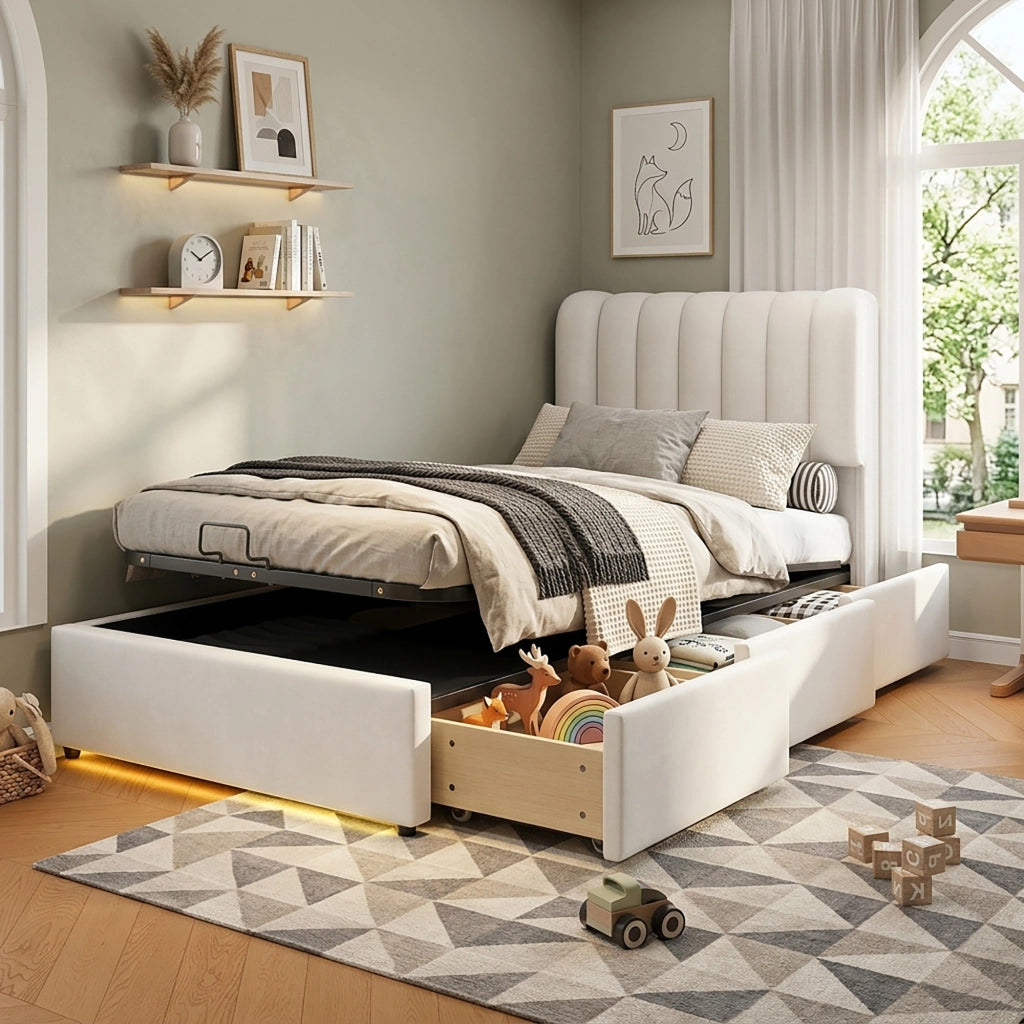 Letto contenitore per bambini 90 × 200 cm con vano idraulico, 3 cassetti e luce LED, senza materasso, velluto beige