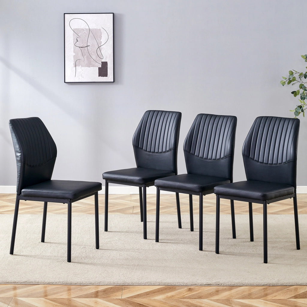Sedia da pranzo in pu nero con schienale a righe verticali e gambe in metallo, set da 4