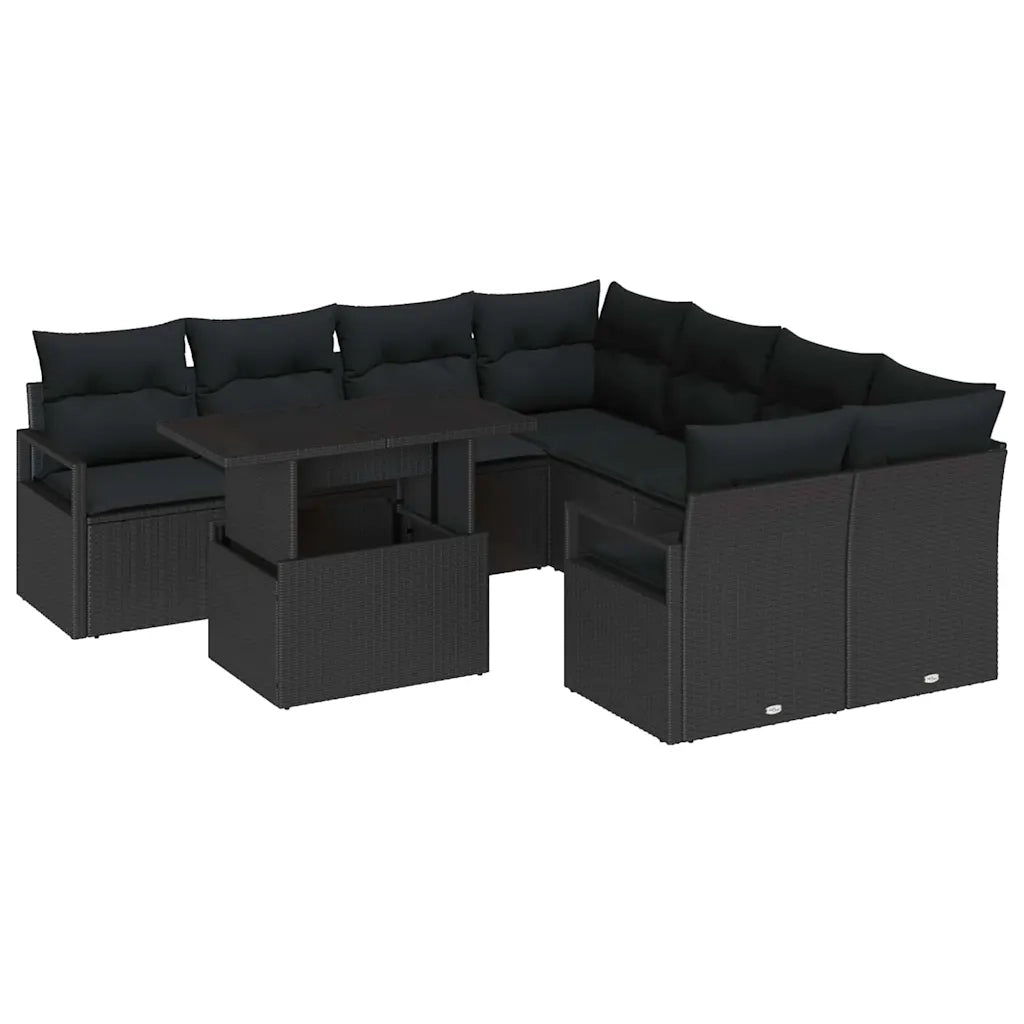 Set Divano da Giardino con cuscino 9 pcs Nero polyrattan