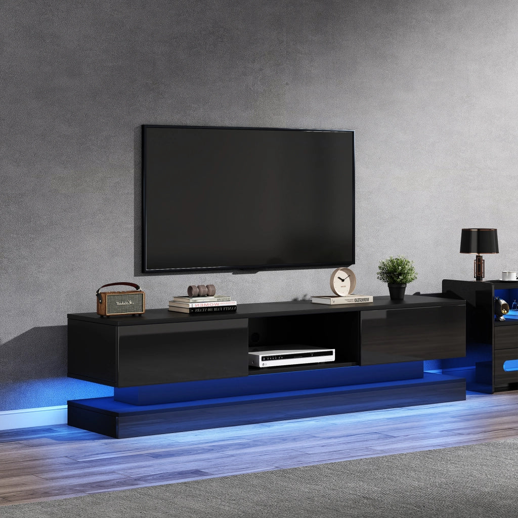 Mobile TV con LED multicolore via app; 2 cassetti; passacavi; nero lucido; 160 × 35 × 40.5 cm