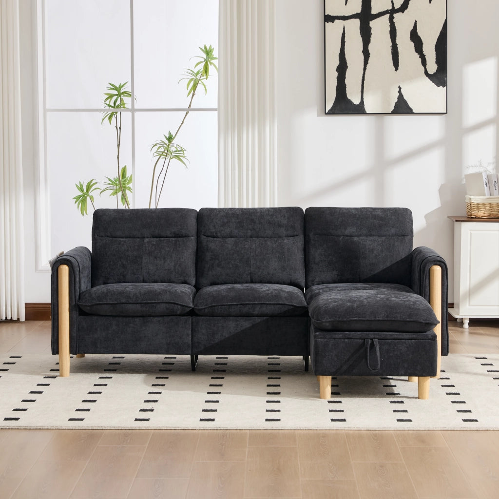 Divano angolare a 3 posti in chenille nero con pouf contenitore e chaise longue reversibile 201 × 77 × 86 cm