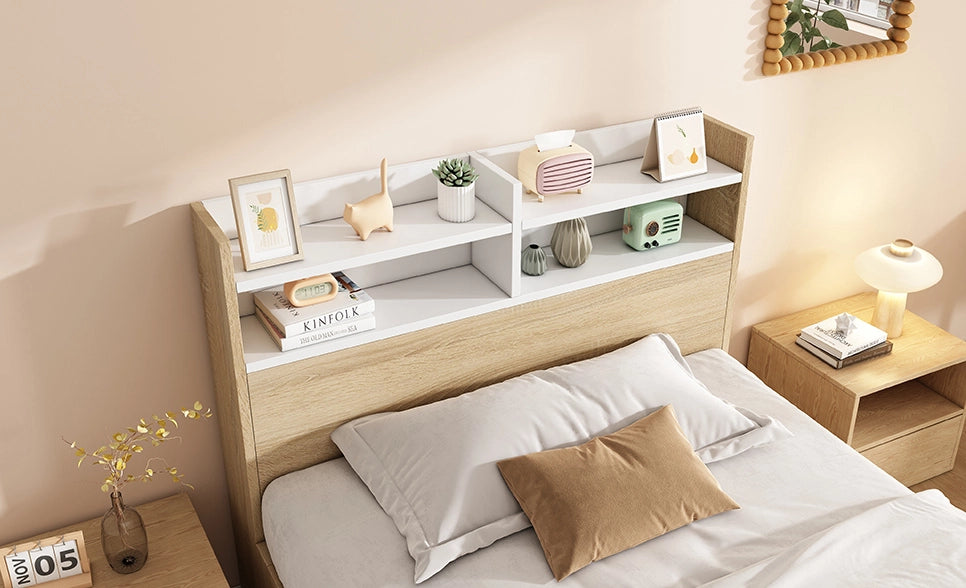 Letto 90x190 cm con ripiani testiera e 2 cassetti in legno bianco e rovere