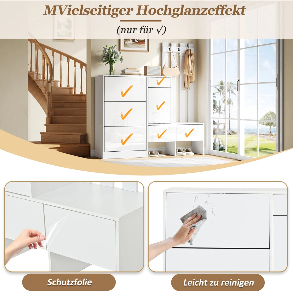 Set di mobili da ingresso con scarpiera a ribalta; panca e appendiabiti in MDF bianco 160 × 35 × 160 cm