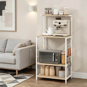Scaffale da cucina a 4 ripiani con ganci, bianco e rovere