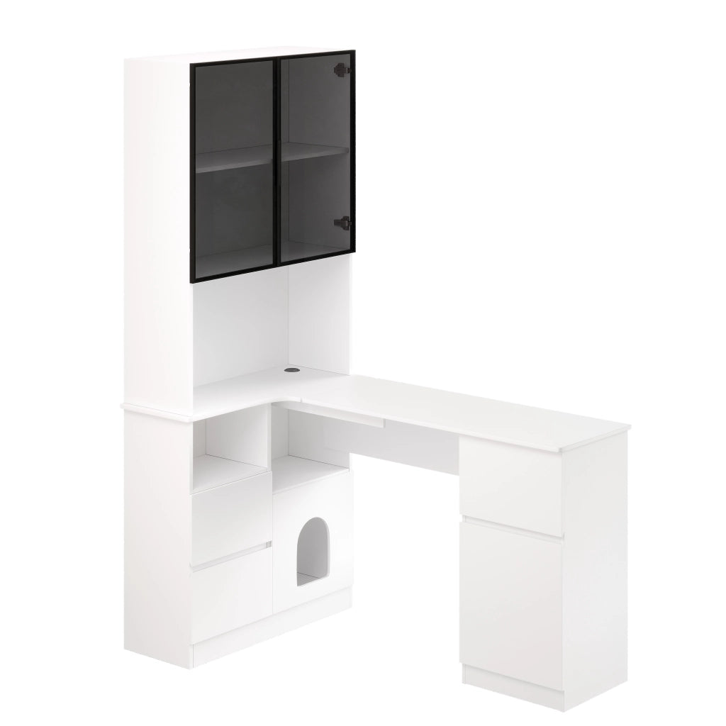 Scrivania angolare con libreria e vetrina LED, 3 cassetti e vano per animali, per studio, MDF bianco, 120 × 80 × 180 cm
