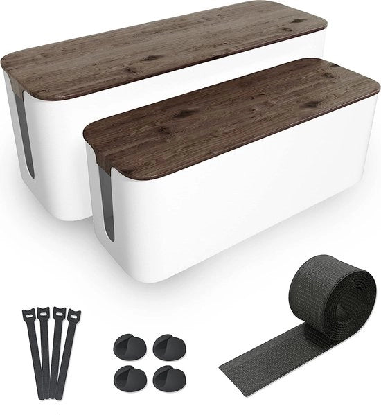Set di 2 cassetti di plastica ABS con effetto legno e piedini in gomma - Set di cassetti per cavi inclusivo di attacco per cavi, nodi per cavi e cavo per nascondere i cavi
