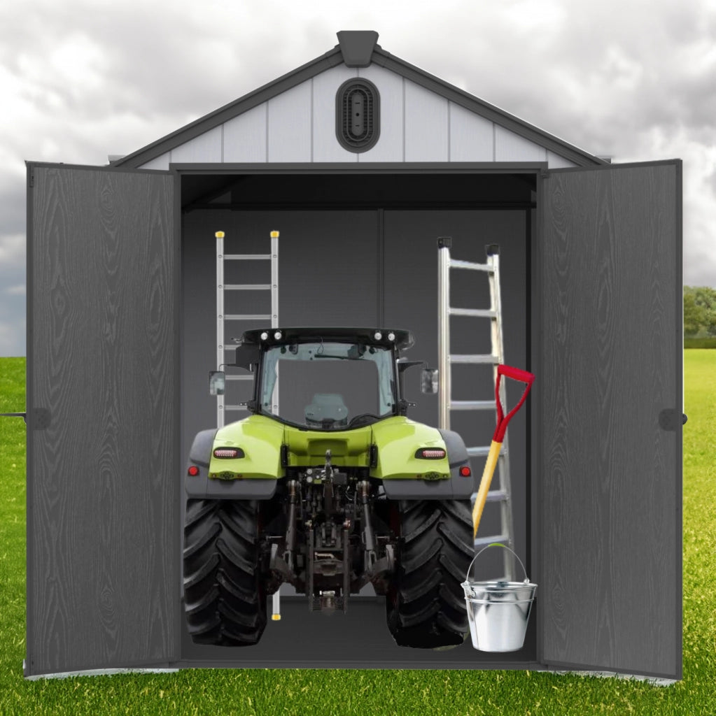 Casetta da giardino 6x8 ft in resina con doppia parete; grigio e bianco