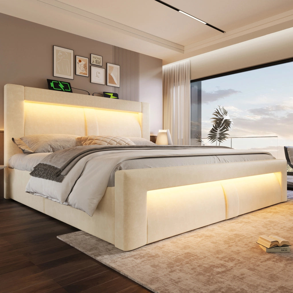 Letto matrimoniale contenitore 160 × 200 cm con LED; USB e USB-C; velluto beige