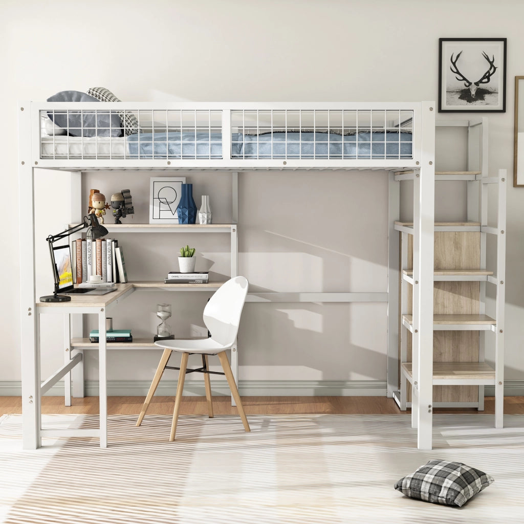 Letto a soppalco 140x200 cm per adulti con scrivania; ripiani e armadio integrato; metallo e MDF bianco