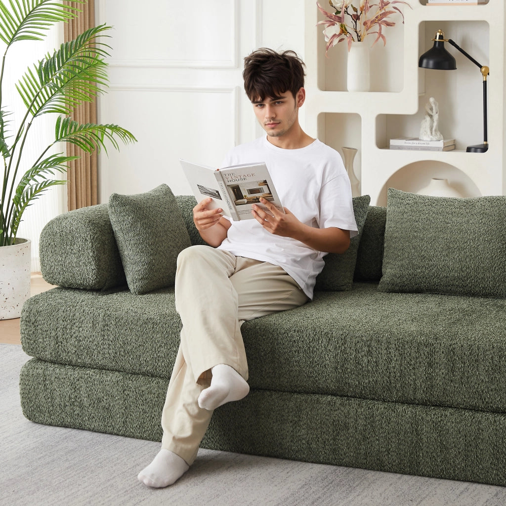 Divano modulare 4 in 1 con schienale regolabile, funzione letto e 4 cuscini, antiscivolo in ciniglia verde