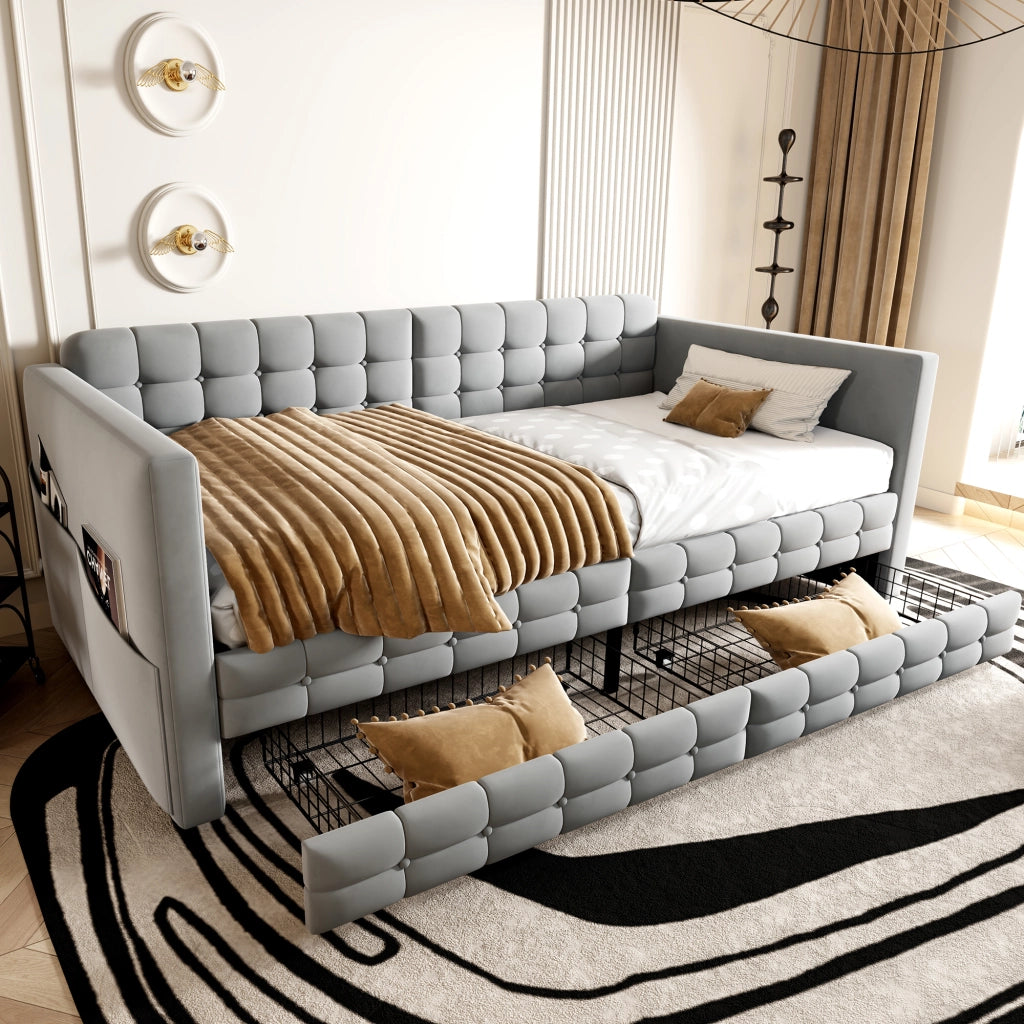 Letto con cassetti 90 × 190 cm imbottito con tasche laterali due cassetti e rete a doghe in velluto grigio chiaro