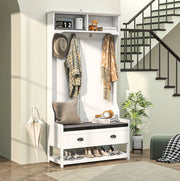 Appendiabiti ULEVR 89x42x172 cm con panca imbottita, cassetti e ripiani per scarpe, in MDF bianco