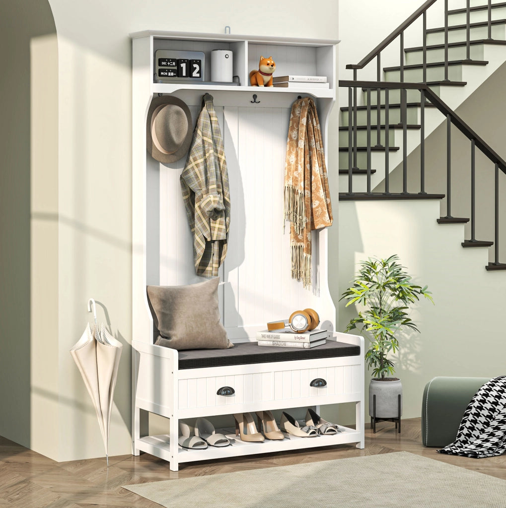 Appendiabiti ULEVR 89x42x172 cm con panca imbottita, cassetti e ripiani per scarpe, in MDF bianco