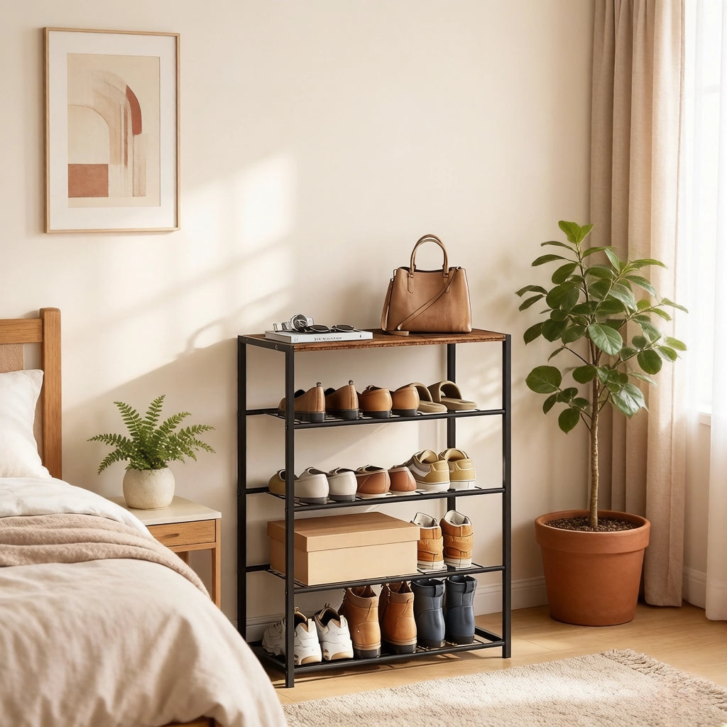 Scarpiera con 5 ripiani aperti, stile industriale, per ingresso, in MDF e acciaio marrone e nero, 63 × 30 × 83 cm