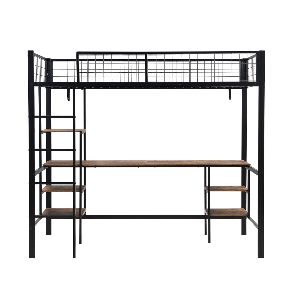 Letto a soppalco 90x200 cm con scrivania e scaffali; struttura in metallo nero e pannelli effetto legno scuro