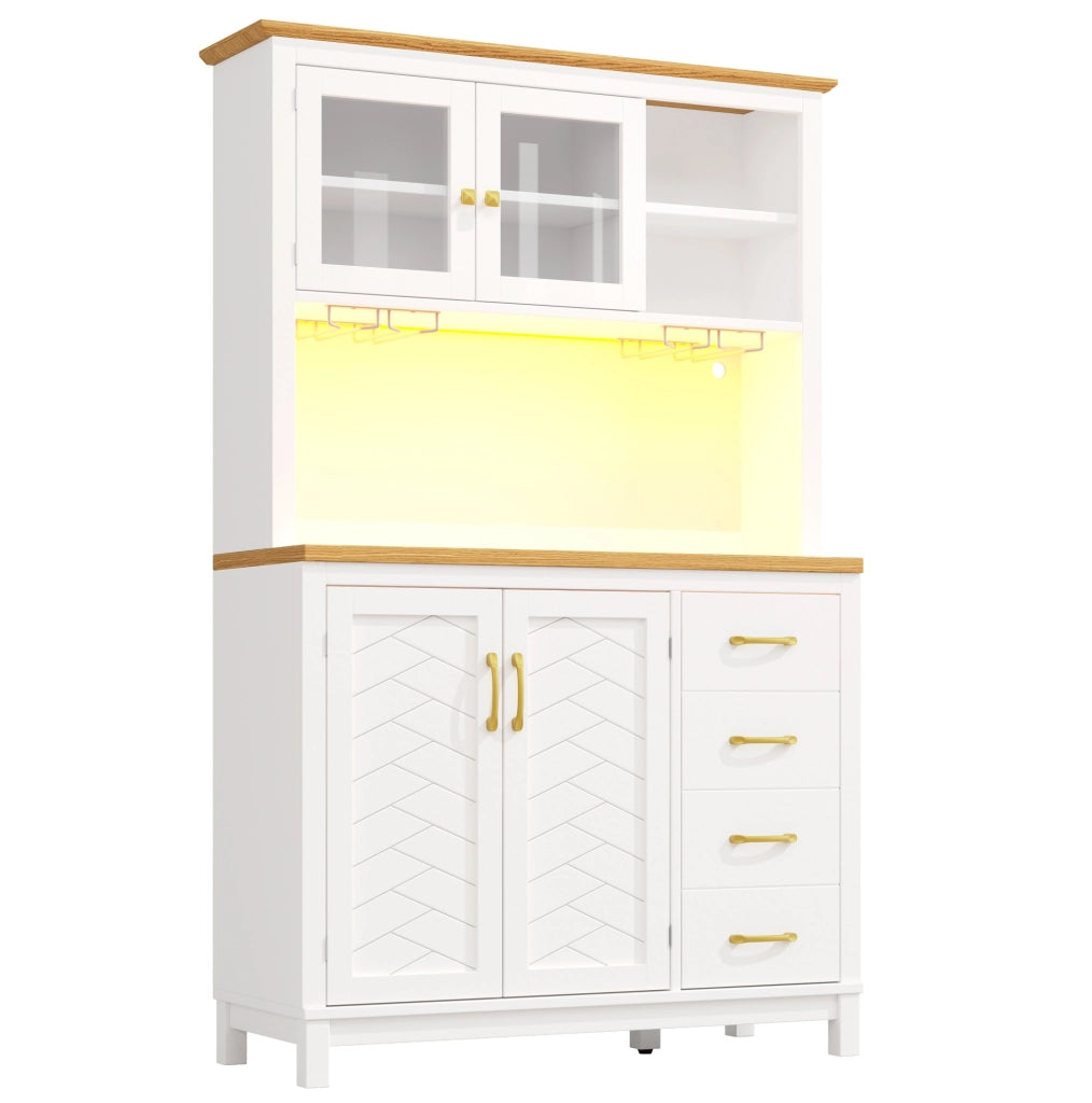 Buffet bianco in MDF con 4 porte, LED integrati e supporti per bevande, 105,5x40x180 cm