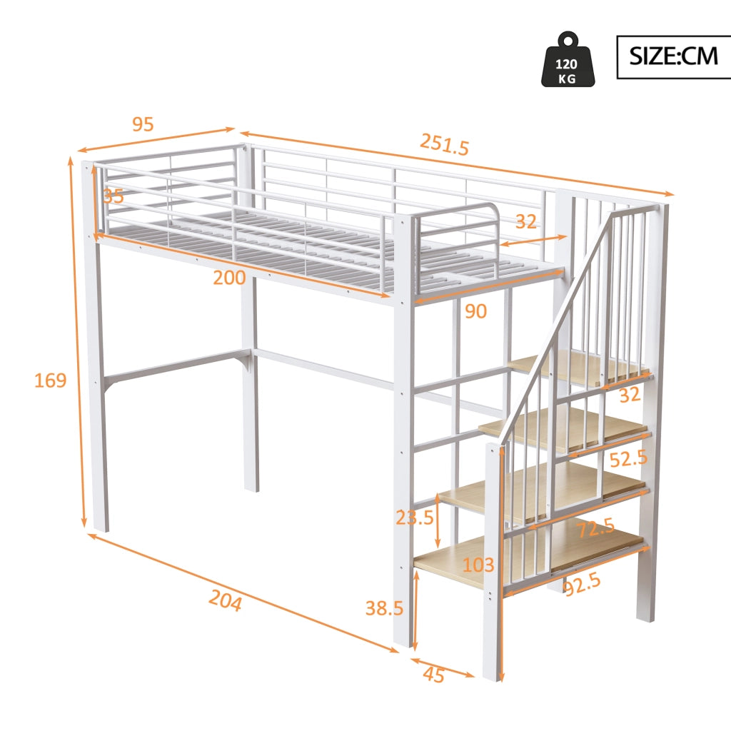 Letto a soppalco in metallo con scala e contenitore, 90x200 cm