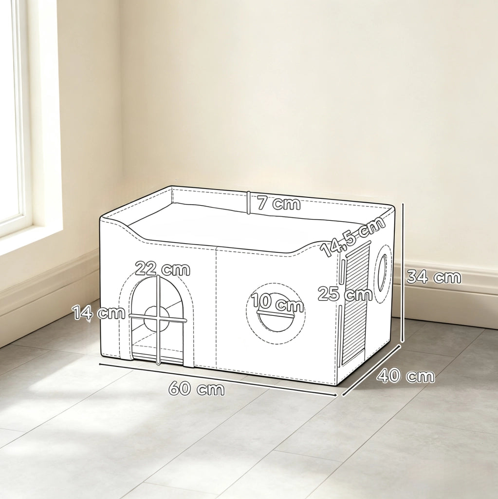 Casetta pieghevole per gatti 60x40x34 cm in MDF e sisal, grigia, con tiragraffi compatta