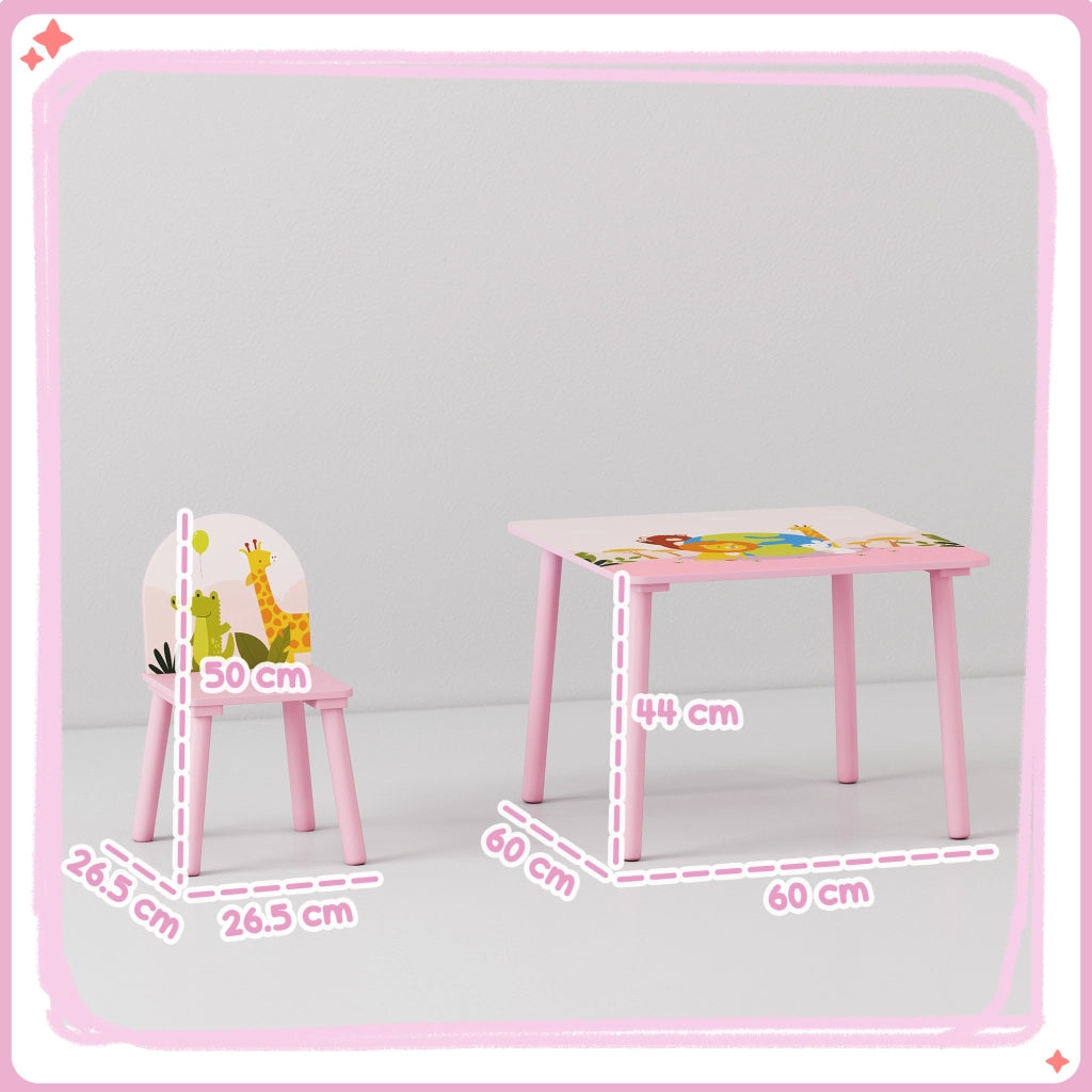 Set 3 Pezzi Tavolo e Sedie per Bambini 3-8 Anni in MDF e Legno di Pino Rosa con Motivi Animali Bordi Arrotondati Robusto Facile da Montare