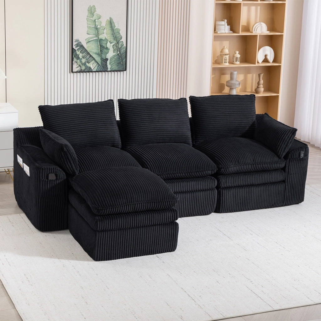 Divano modulare 3 posti con pouf e tasche laterali per soggiorno in corduroy nero