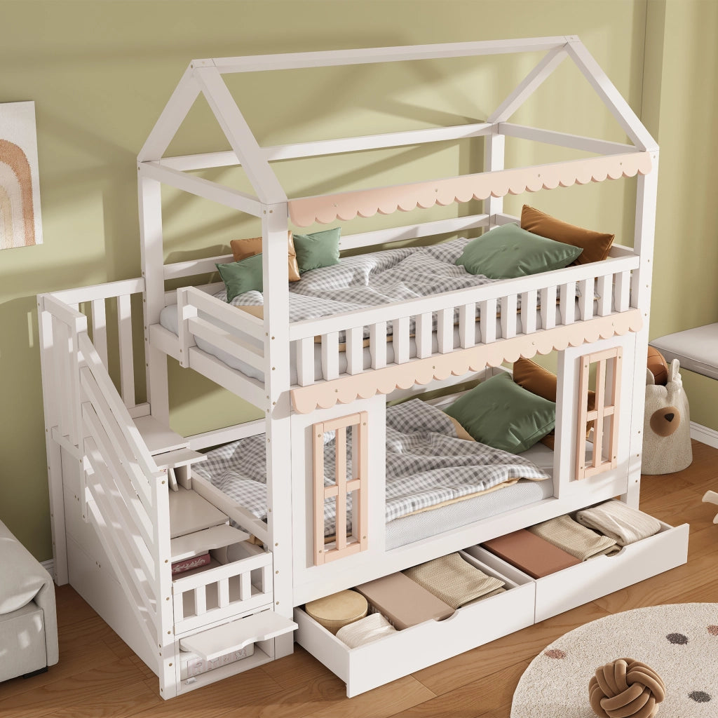 Letto a castello a casetta per bambini 90x200 cm in pino e MDF; bianco e naturale; con scala contenitore e 2 cassetti