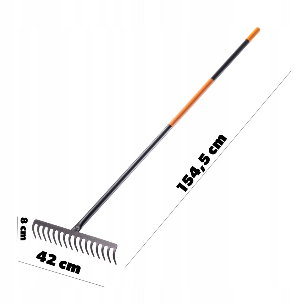 Rastrello per foglie KADAX, rastrello da giardino in metallo con manico, 154 cm, 16 denti