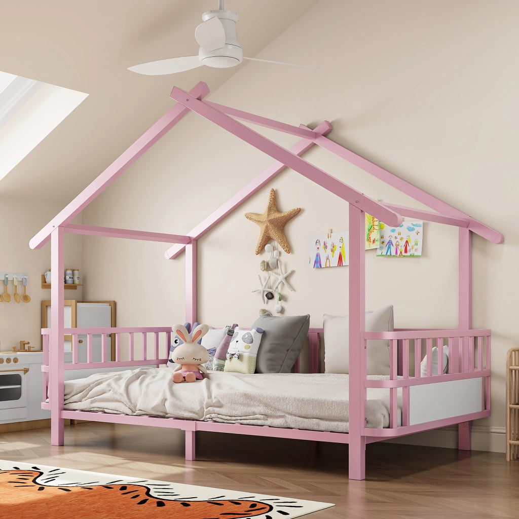 Letto per bambini in metallo a forma di casa, 90 x 200 cm, con griglia di sicurezza, design a tetto e cornice decorativa, per bambini e bambine, Rosa