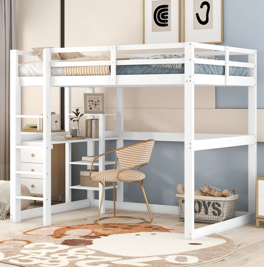 Letto a soppalco 140x200 cm con scrivania e 4 ripiani in pino e MDF; bianco antico
