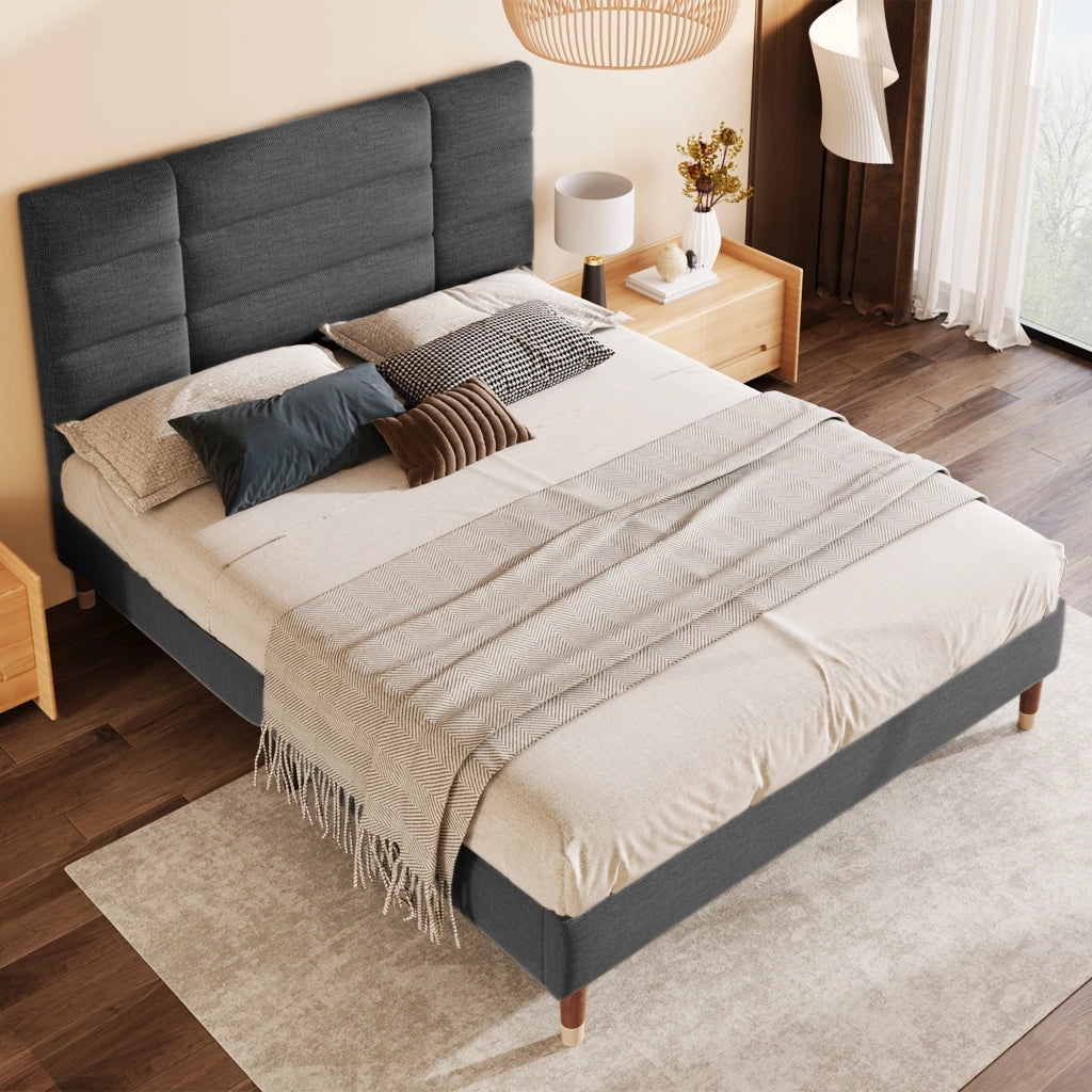 Letto matrimoniale imbottito 140x200 cm con materasso; testiera e contenitore; grigio