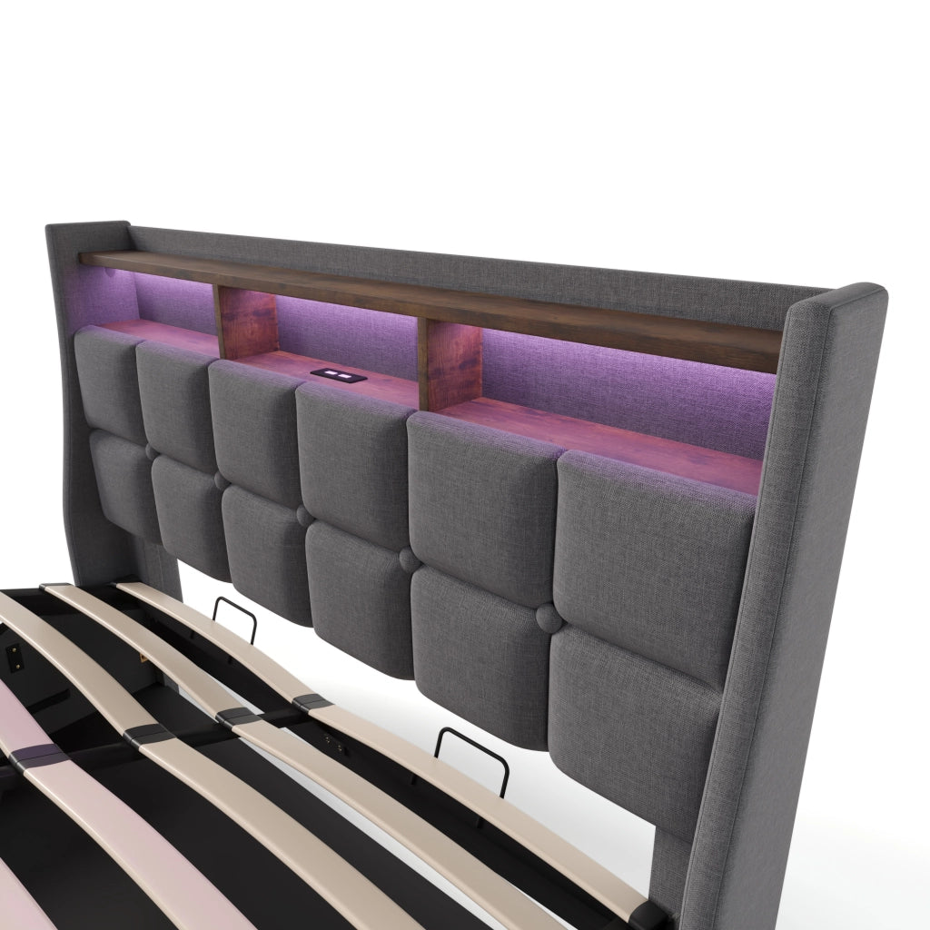 Letto imbottito con USB, LED e contenitore, 140x200 cm, lino