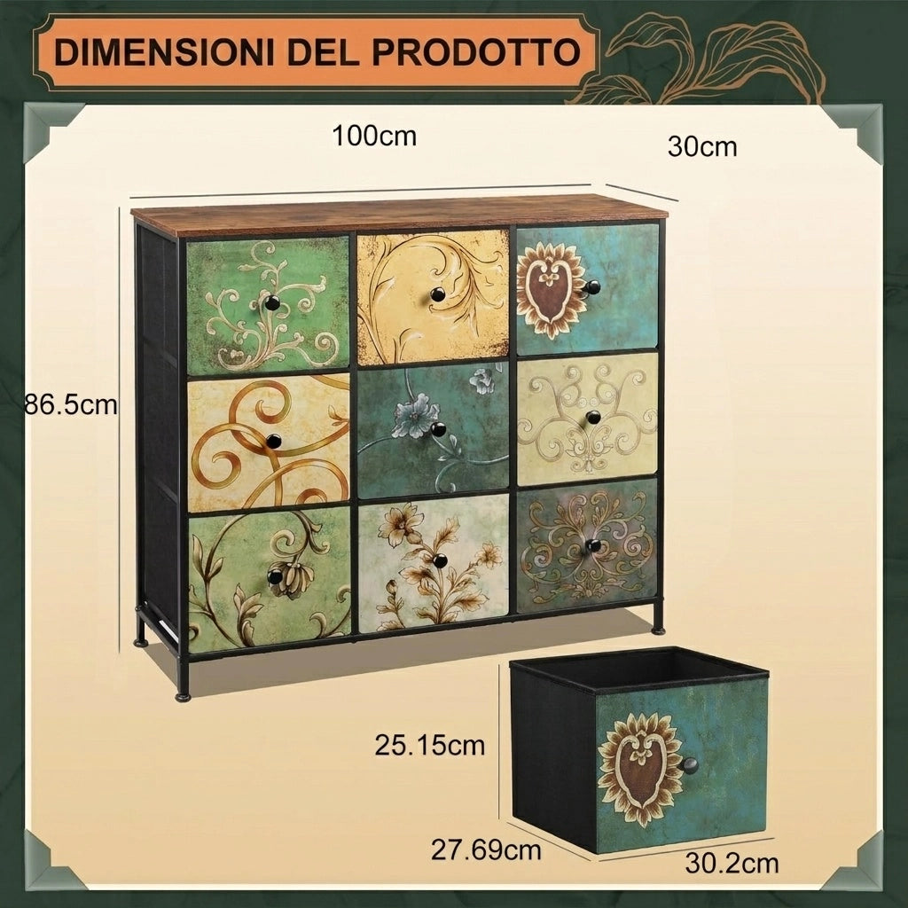 Cassettiera camera da letto 30x100x86.5 cm con cassetti in tessuto motivo floreale vintage mobiletto multiuso in legno e acciaio - verde