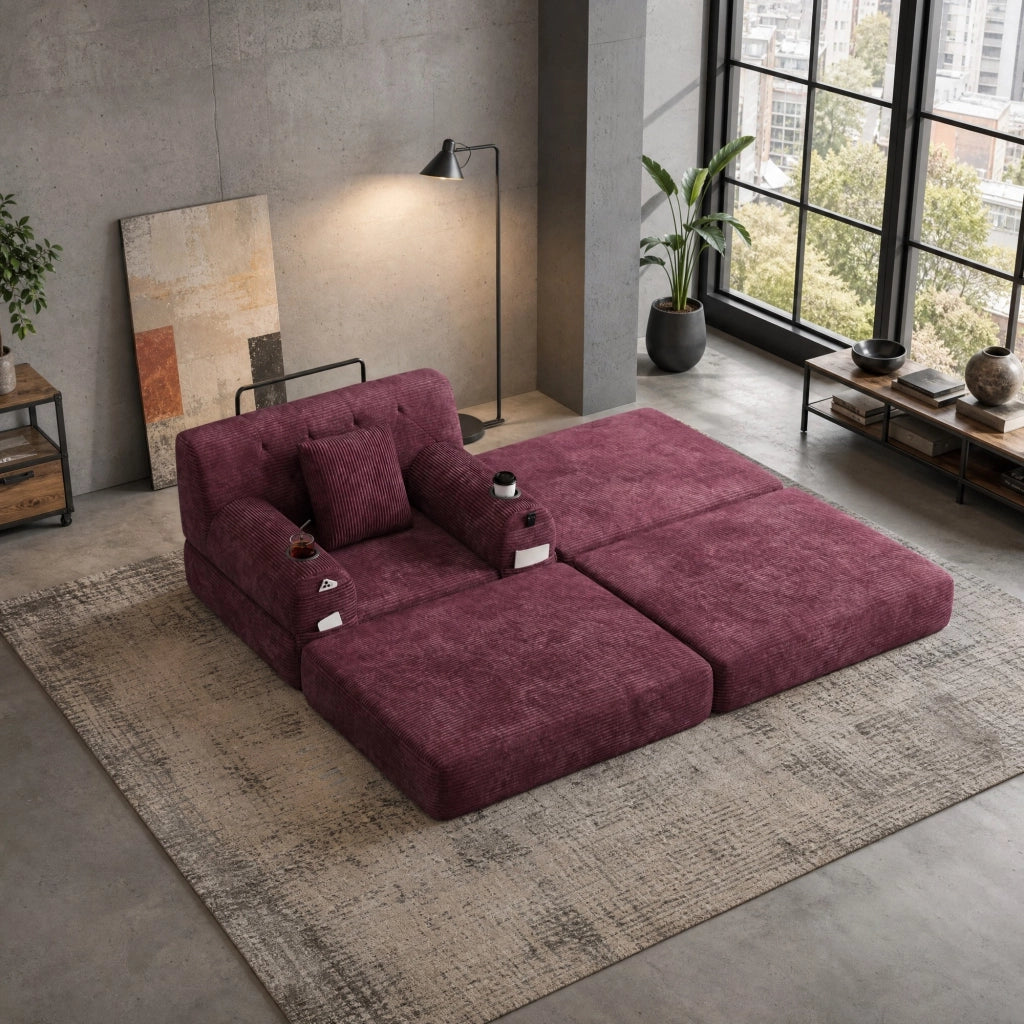 Poltrona letto ULEVR 107x162x81 cm in velluto a coste rosso vino con schienale alto, 4 tasche e 2 portabevande