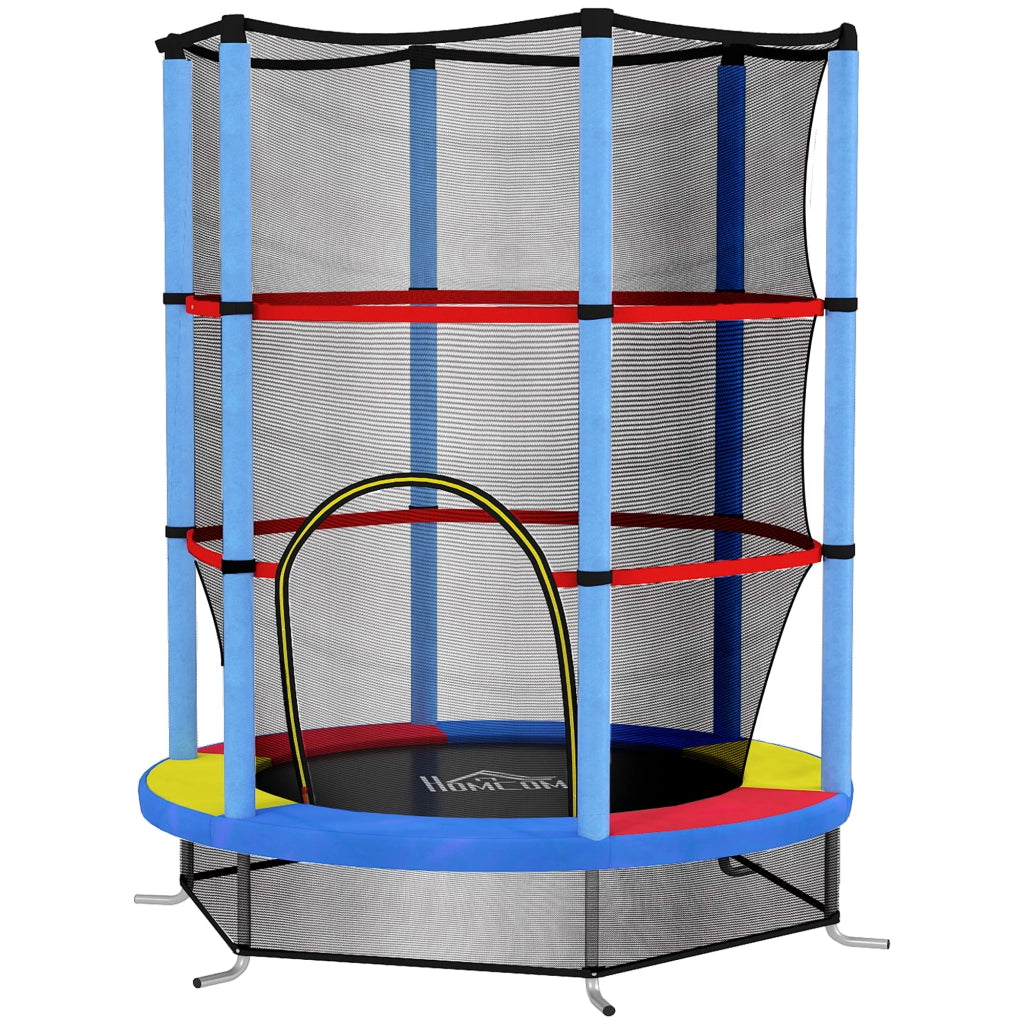 Tappeto Elastico per Bambini 3-6 Anni con Rete di Protezione, 6 Colonne e 3 Ingressi, ?140x190 cm, Multicolore