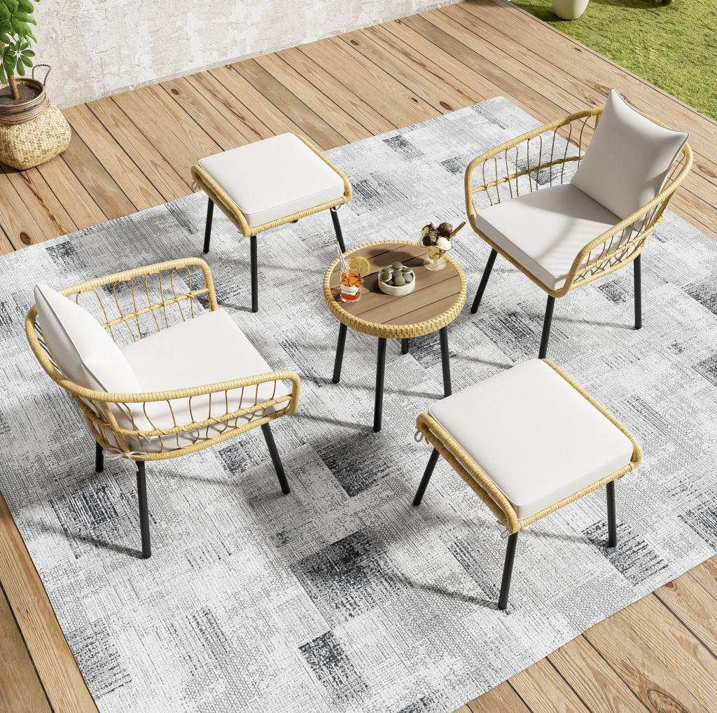 Set lounge da giardino 5 pezzi bianco e naturale in rattan con cuscini