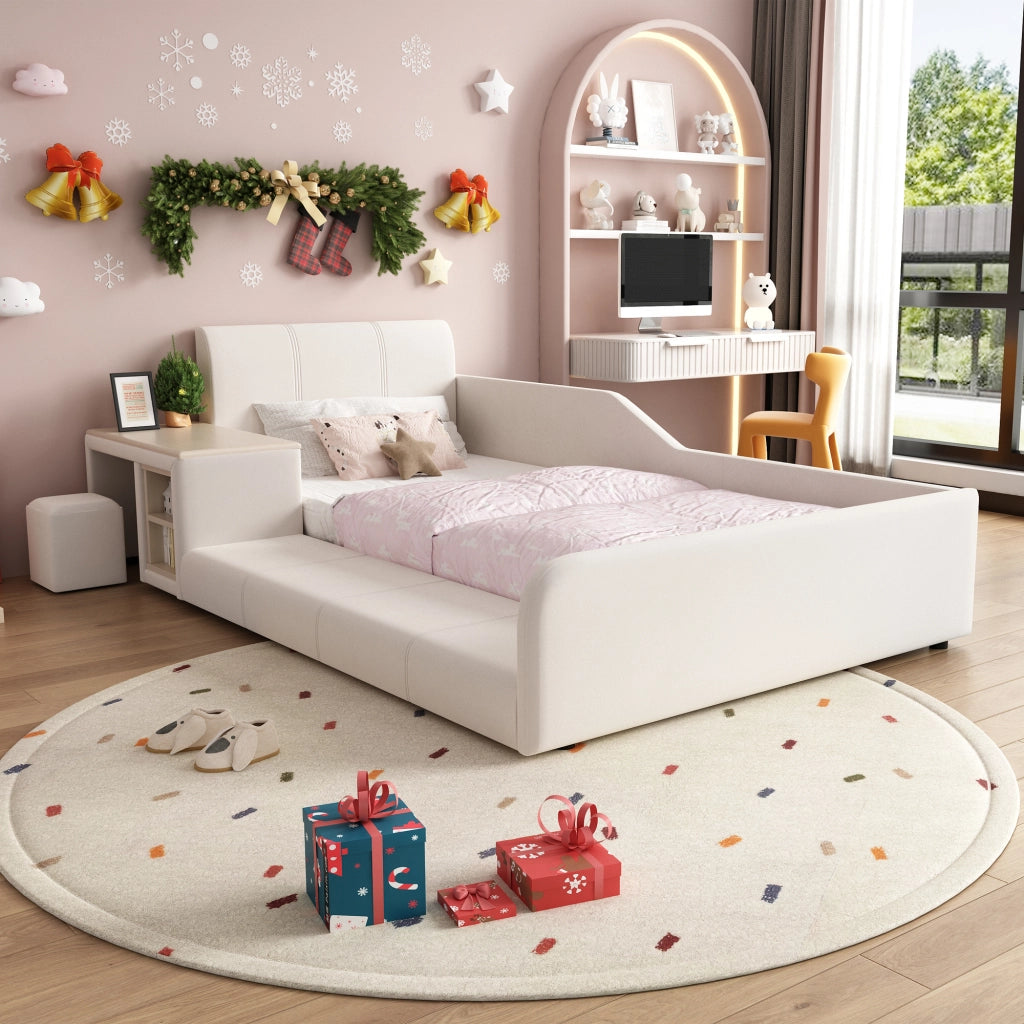 Letto per bambini singolo 90 × 200 cm con scrivania, sgabello e ripiano, senza materasso, in velluto bianco