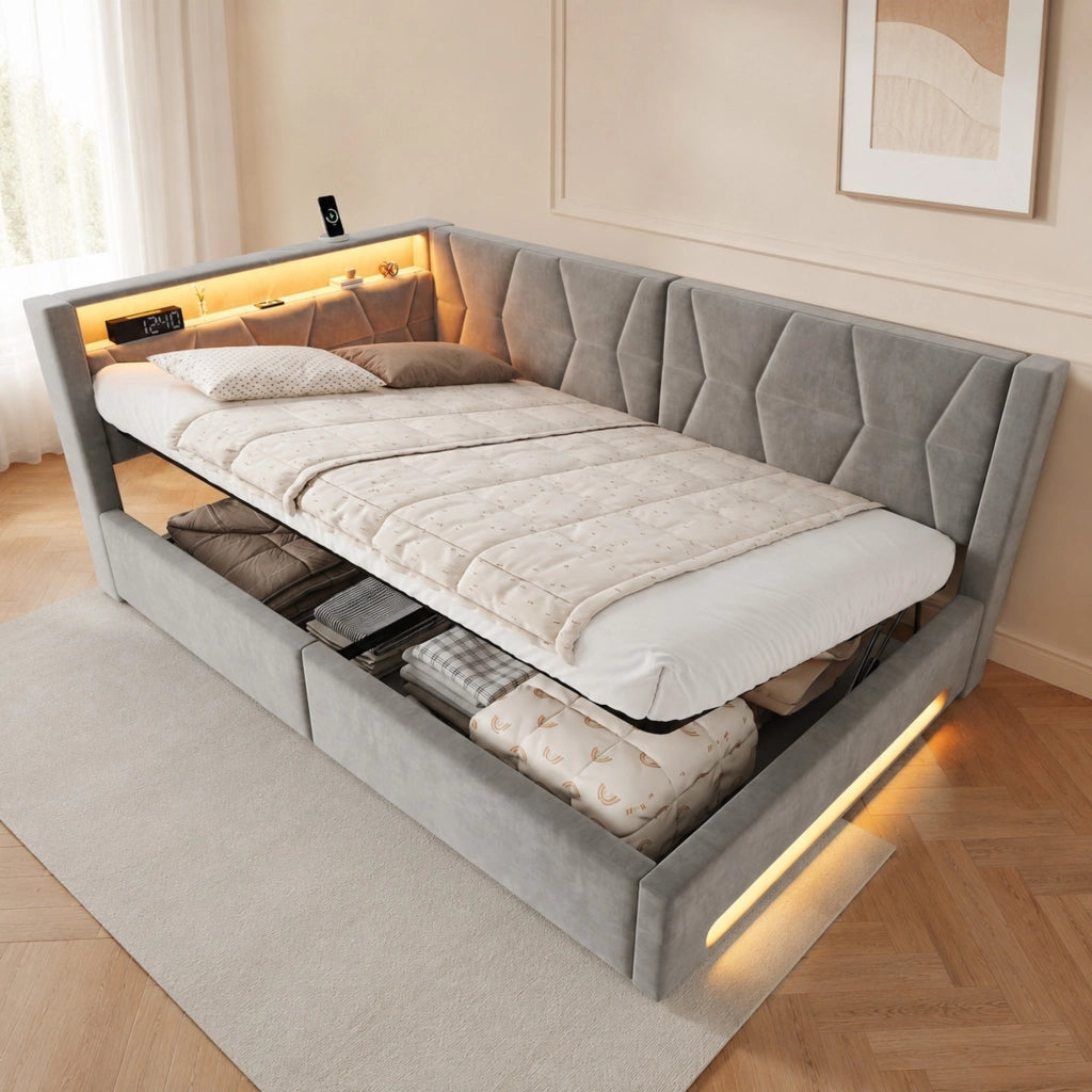 Letto contenitore imbottito 140x200 cm con LED; USB e Type-C; rete a doghe; velluto grigio scuro