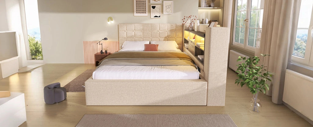 Letto Polsterato 140x200 cm con Illuminazione LED, Contenitore Idraulico e Testiera a L Montabile a Destra o Sinistra, Tessuto in Lino Beige (Senza Materasso)
