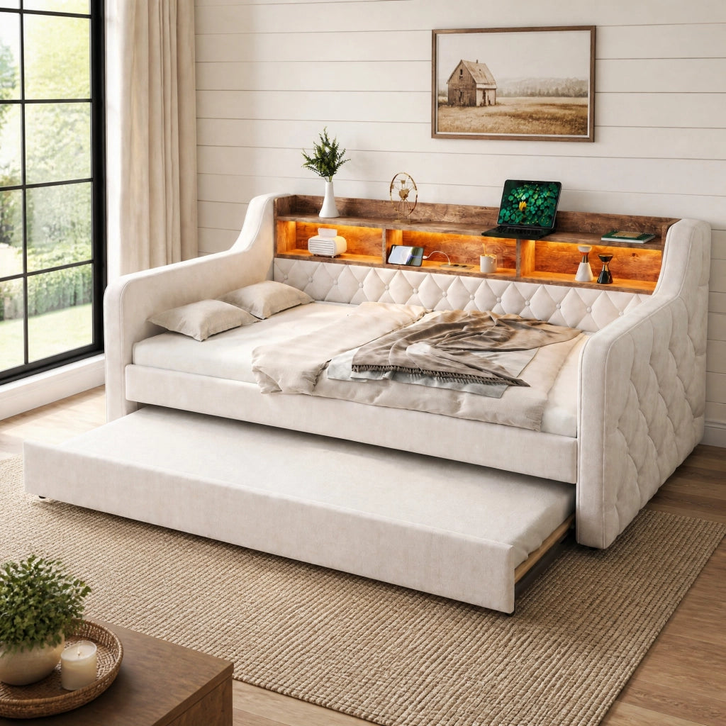 Divano letto estraibile 90x190 cm in velluto beige con LED, USB-C e contenitore