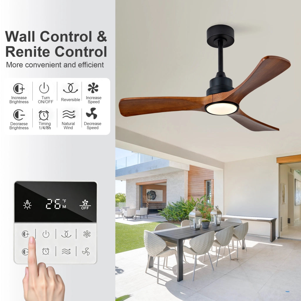 Ventilatore da soffitto 42" con 3 pale in legno massello, illuminazione LED dimmerabile, motore DC reversibile 6 velocità e telecomando