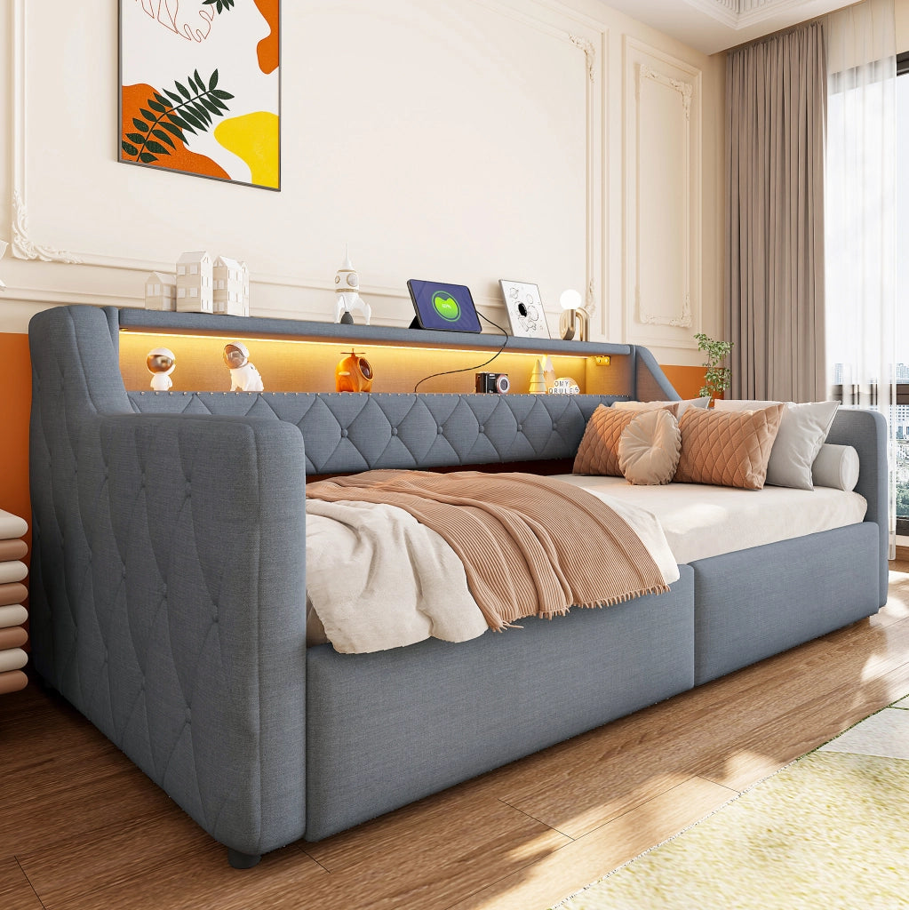 Divano letto 90x200 cm grigio in lino e MDF con vano contenitore idraulico