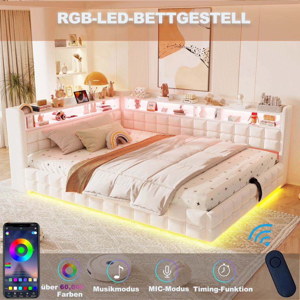 Letto imbottito multifunzione 140 × 200 cm in velluto beige con contenitore idraulico LED e prese di ricarica