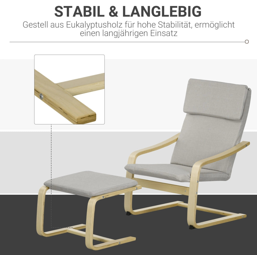 Set di 2 Poltrone Lounge con Poggiapiedi, Braccioli e Poggiatesta in Tessuto Lino, Struttura in Eucalipto, Grigio Chiaro 66,5x80x99 cm