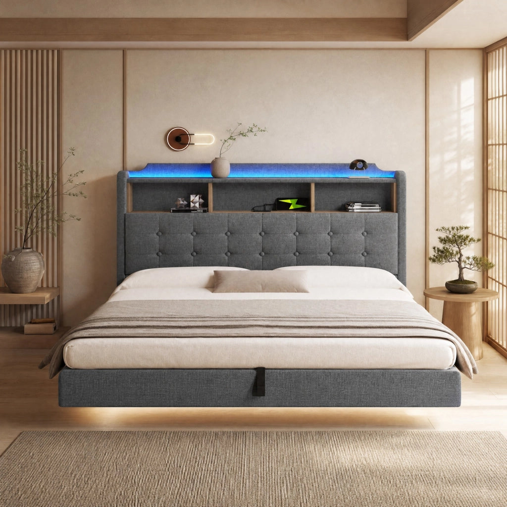 Letto matrimoniale imbottito 180x200 cm in lino grigio con LED; contenitore idraulico e USB-C HOMVRA