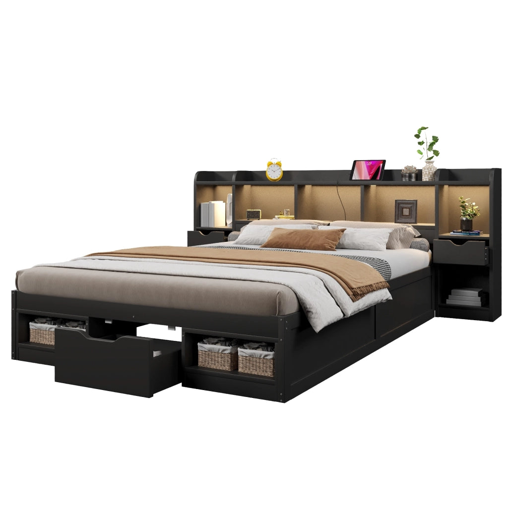 Letto a piattaforma 140x200 cm con LED, USB e contenitore in MDF nero