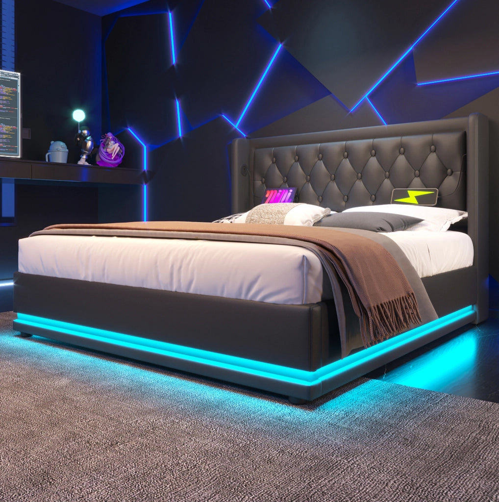 Letto matrimoniale con contenitore, LED e ricarica USB Type-C