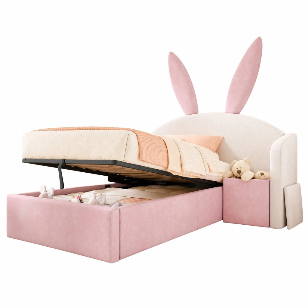 Letto per bambini 90x190 cm in velluto con contenitore e comodino beige e rosa